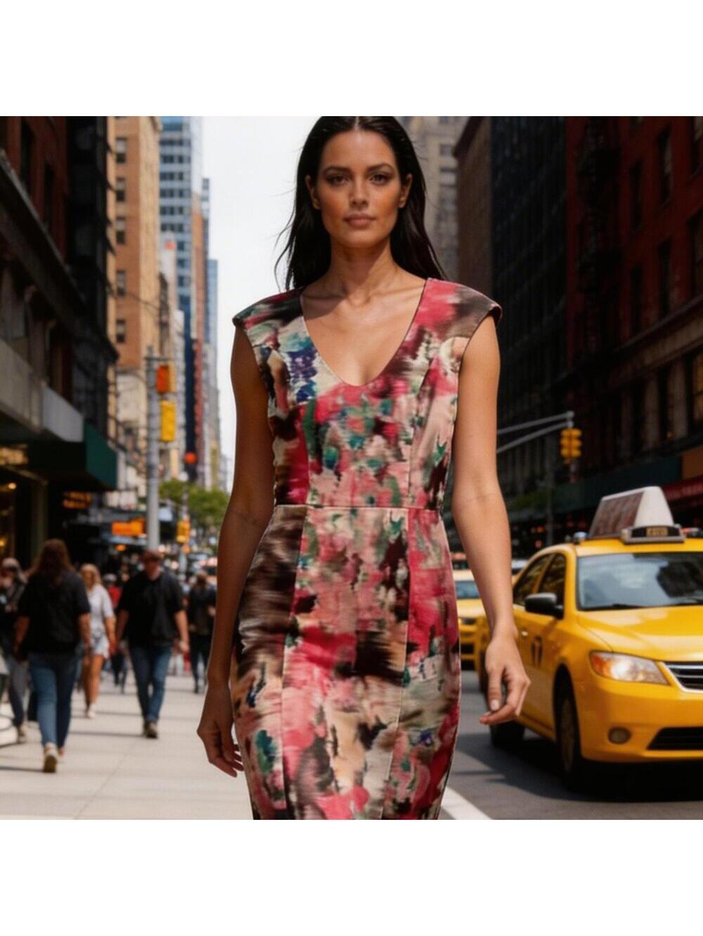 Black Halo Coral and Multicolor Abstract Midi Dress - size 2